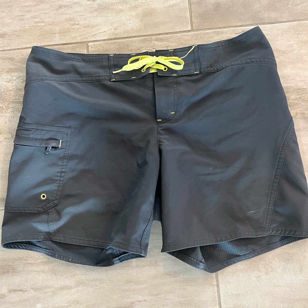 Athleta, size 10, Rincon UPF board shorts, gray with yellow tie/trim, 6” inseam